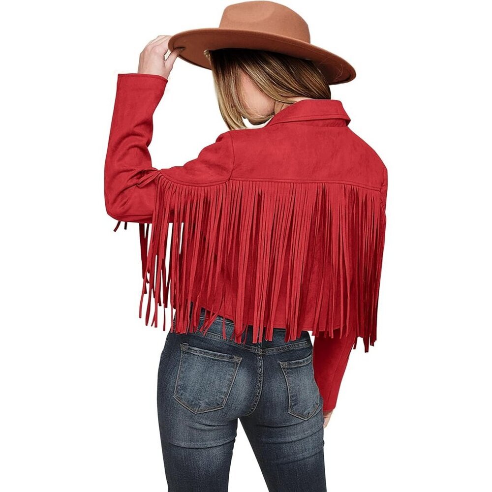 Women's Red Fringe Faux Suede Leather Jackets Fall Fashion Tassel Motorcycle